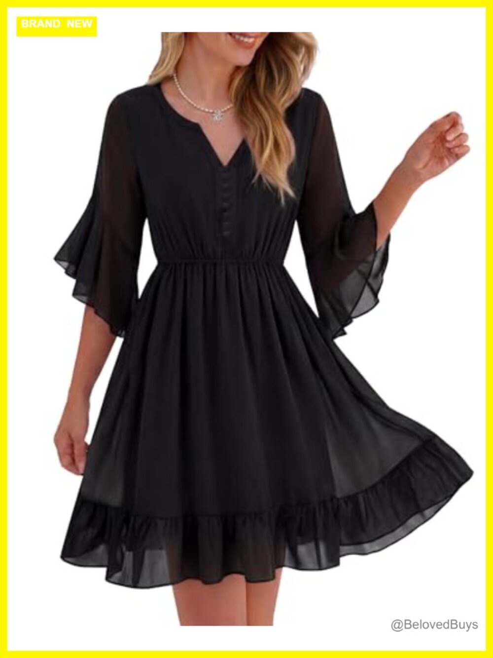 Womens Chiffon Dress 3/4 Ruffle Sleeve V-Neck A-Line Mini Casual